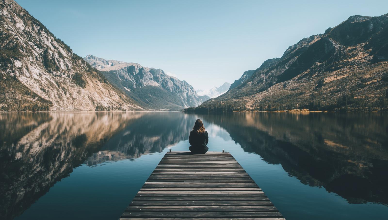 A person looking across a still mountain lake, representing reflection and shared perspective