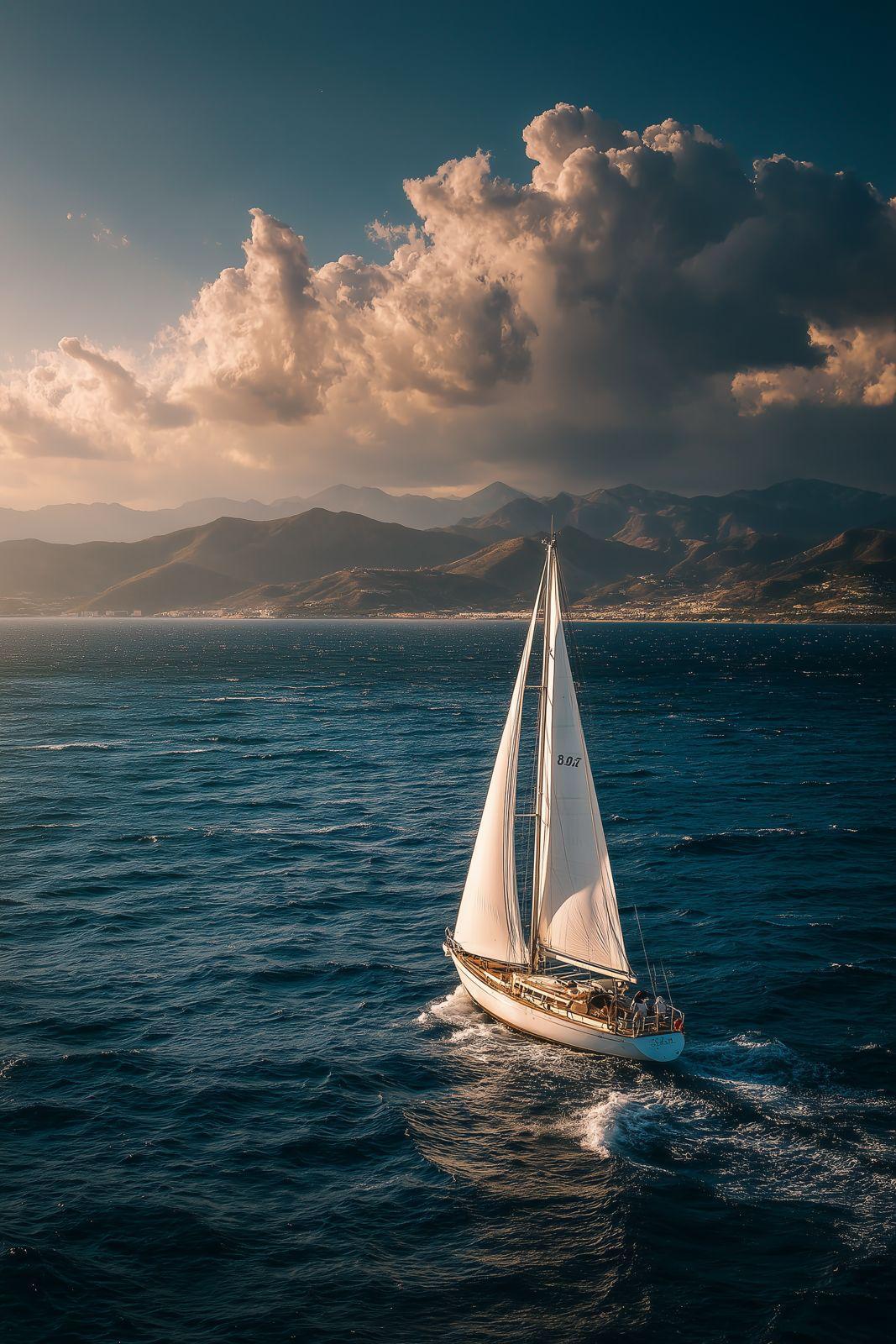 A sailing vessel moving through changing water at sunset, representing transformation in motion